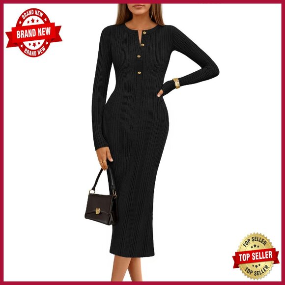 Dresses & Skirts - Ribbed Knit Bodycon Sweater Dress Long Sleeve Button Front Midi